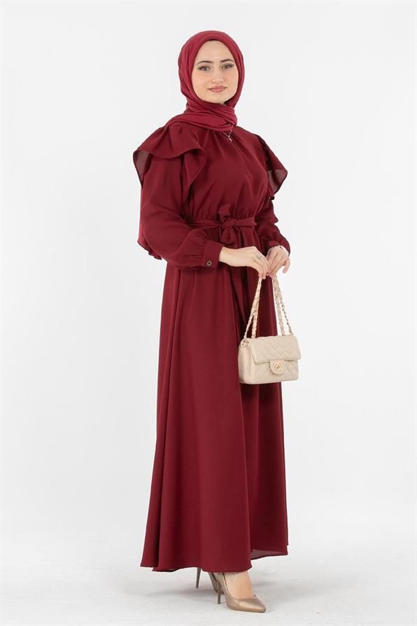 Voluminous Shoulder Crepe Fabric dress- Burgundy