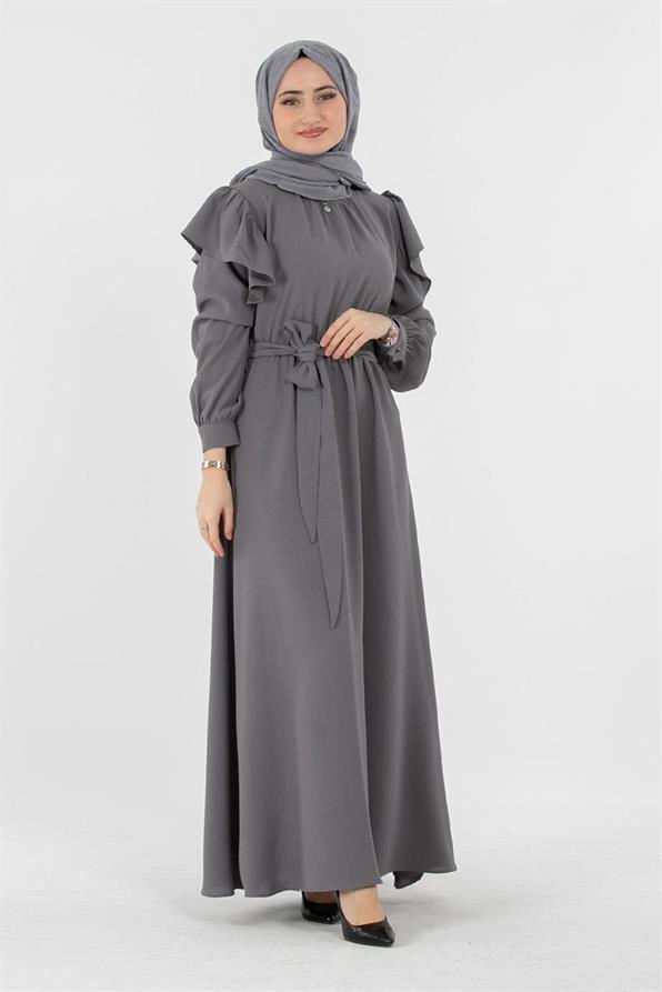 Voluminous Shoulder Crepe Fabric dress- Grey