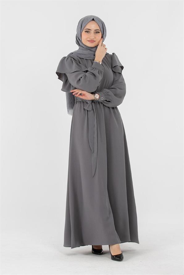 Voluminous Shoulder Crepe Fabric dress- Grey