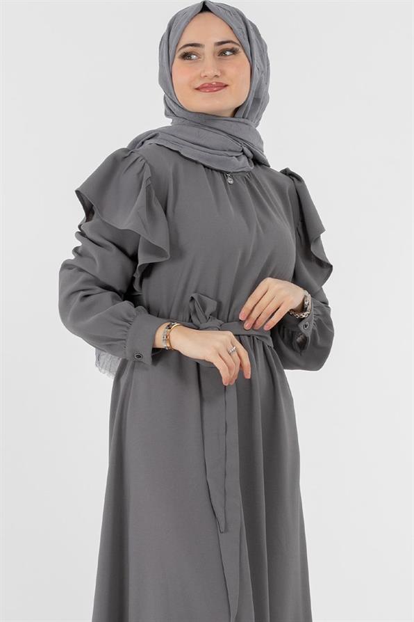 Voluminous Shoulder Crepe Fabric dress- Grey