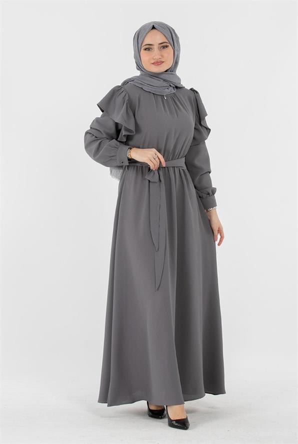 Voluminous Shoulder Crepe Fabric dress- Grey