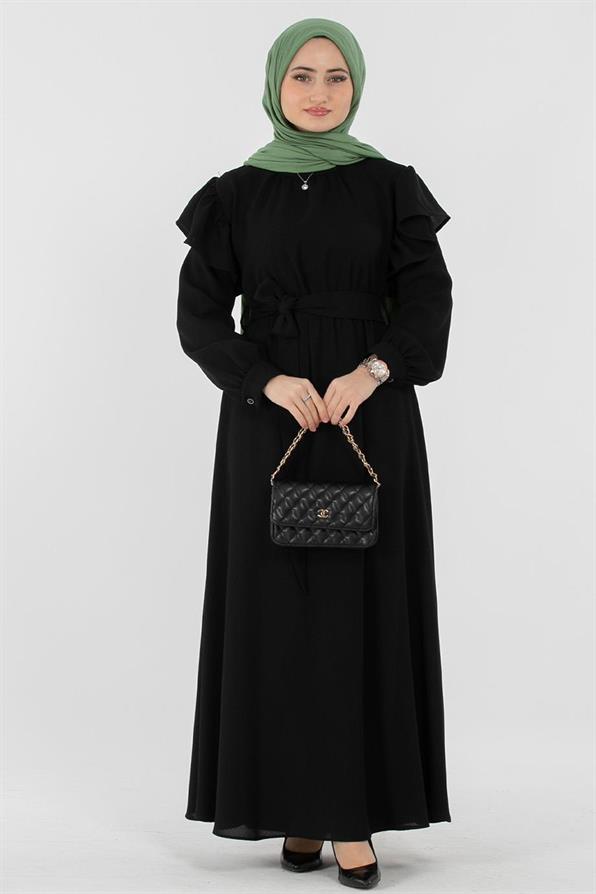 Voluminous Shoulder Crepe Fabric dress - Black