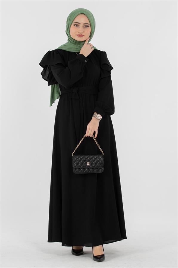 Voluminous Shoulder Crepe Fabric dress - Black