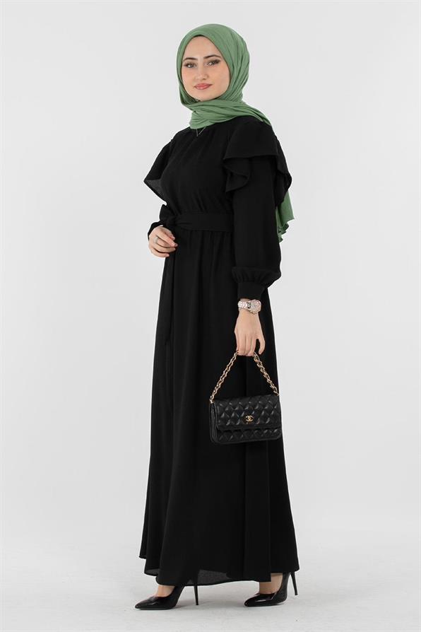 Voluminous Shoulder Crepe Fabric dress - Black