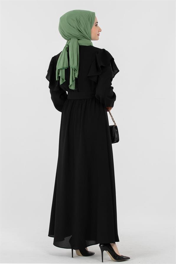 Voluminous Shoulder Crepe Fabric dress - Black