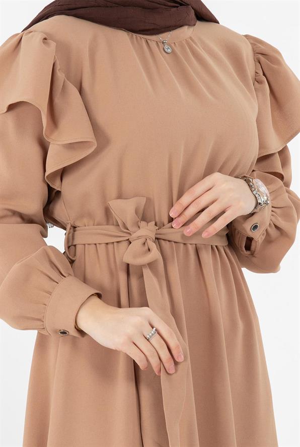 Voluminous Shoulder Crepe Fabric dress- Mink