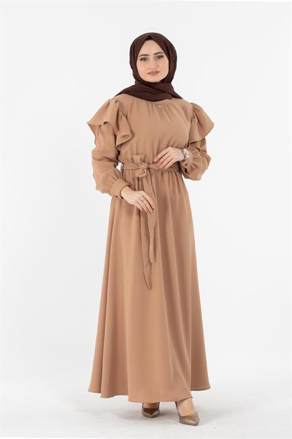 Voluminous Shoulder Crepe Fabric dress- Mink
