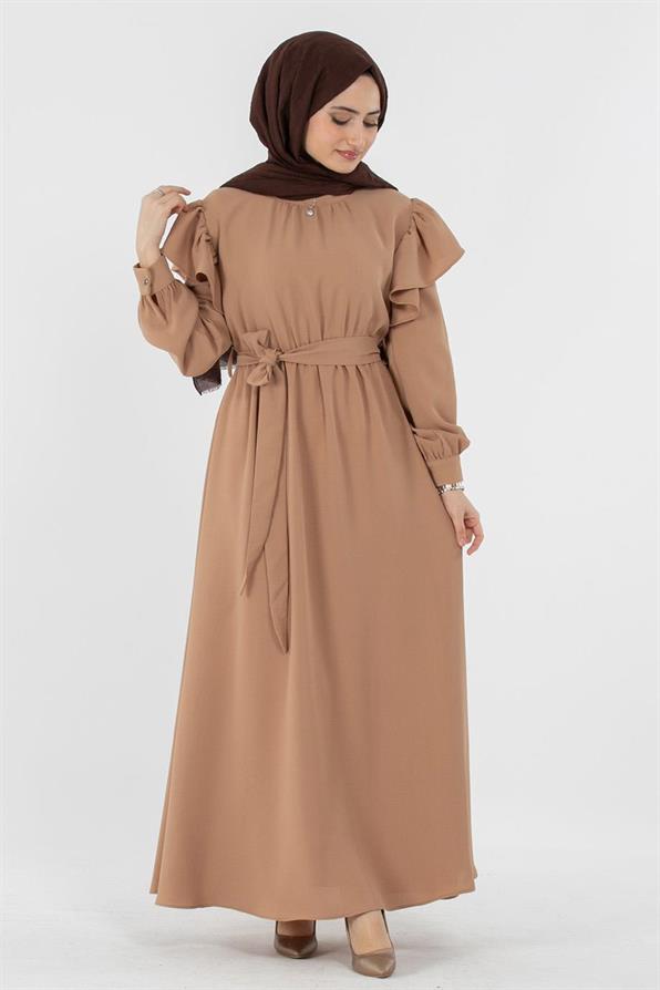 Voluminous Shoulder Crepe Fabric dress- Mink