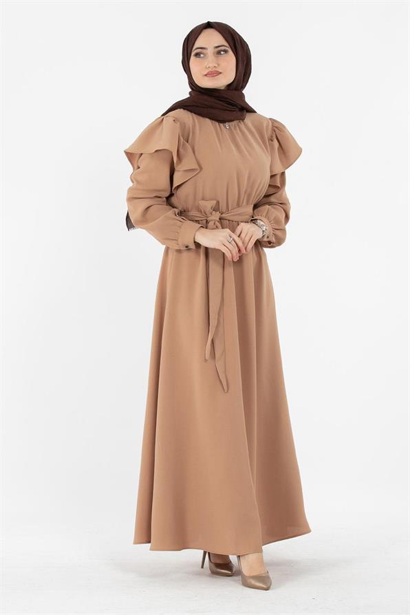 Voluminous Shoulder Crepe Fabric dress- Mink