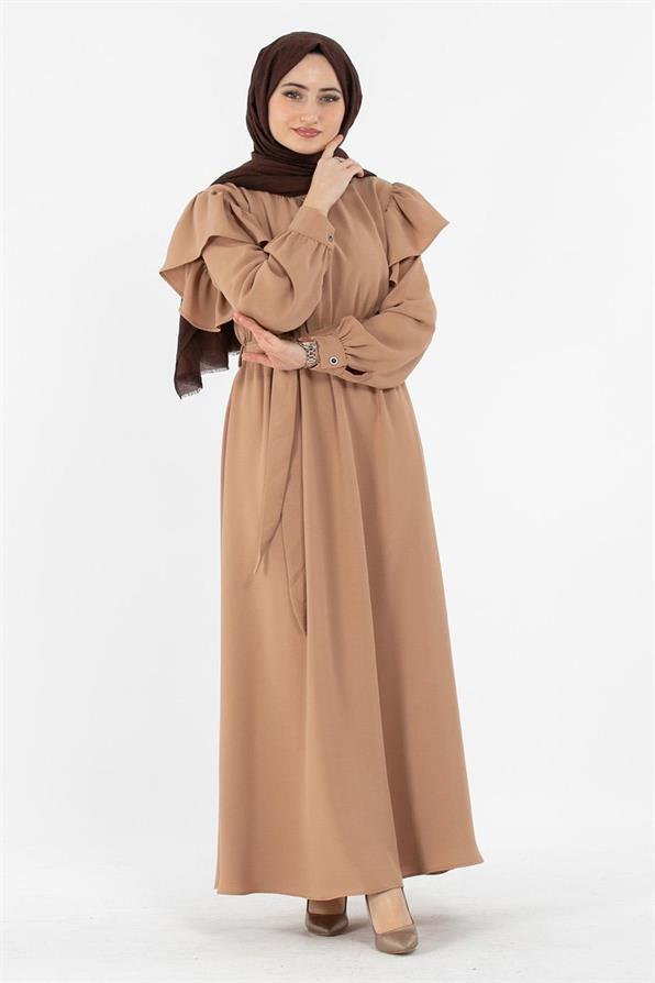Voluminous Shoulder Crepe Fabric dress- Mink