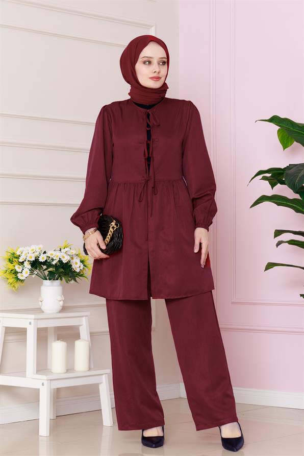 Önü Bağlamalı Pantolonlu takım-Bordo