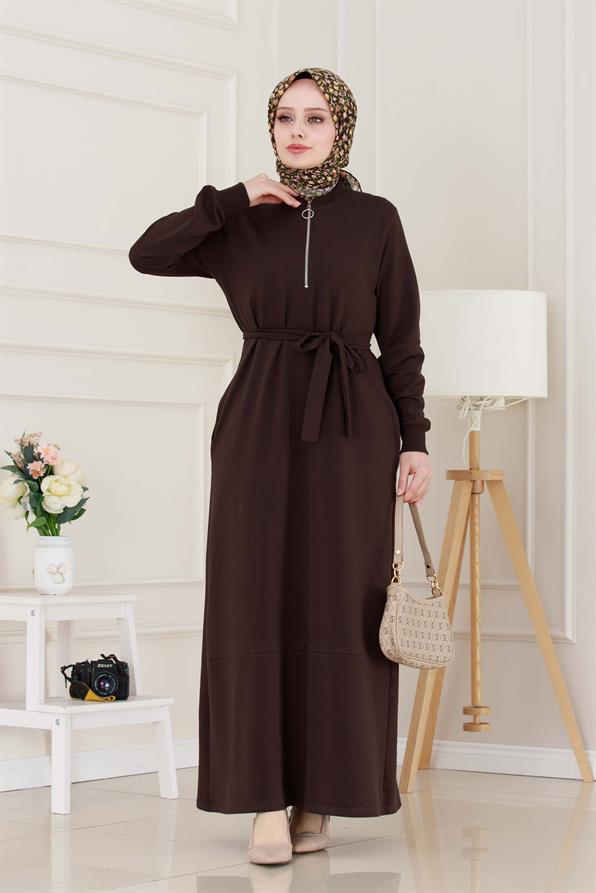 فستان بتفاصيل سحاب أمامي - لون بني