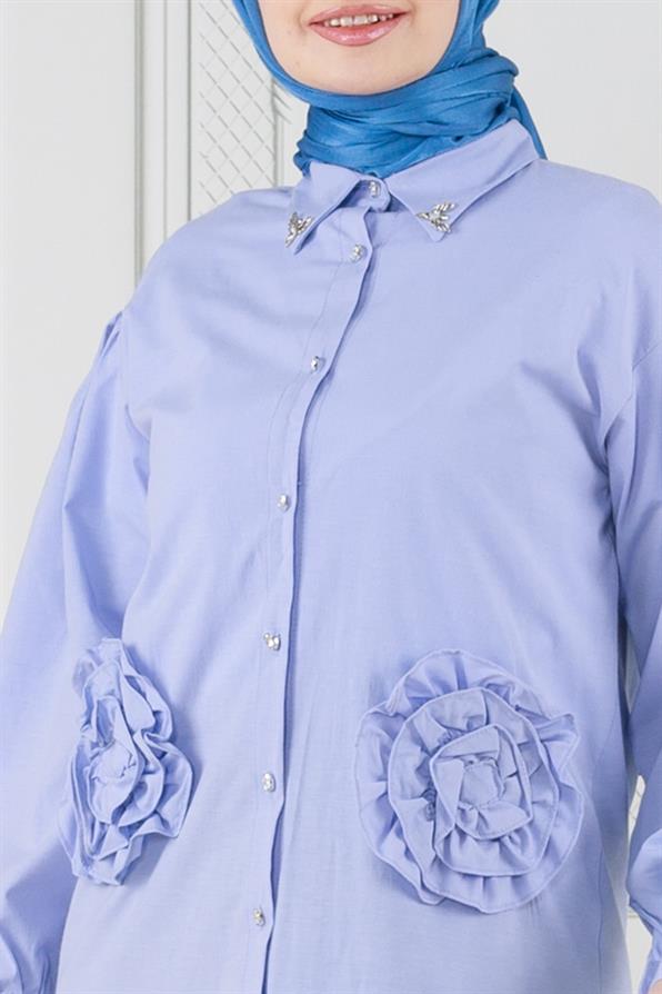 تونيك مزين بوردة أمامية لون أزرق فاتح