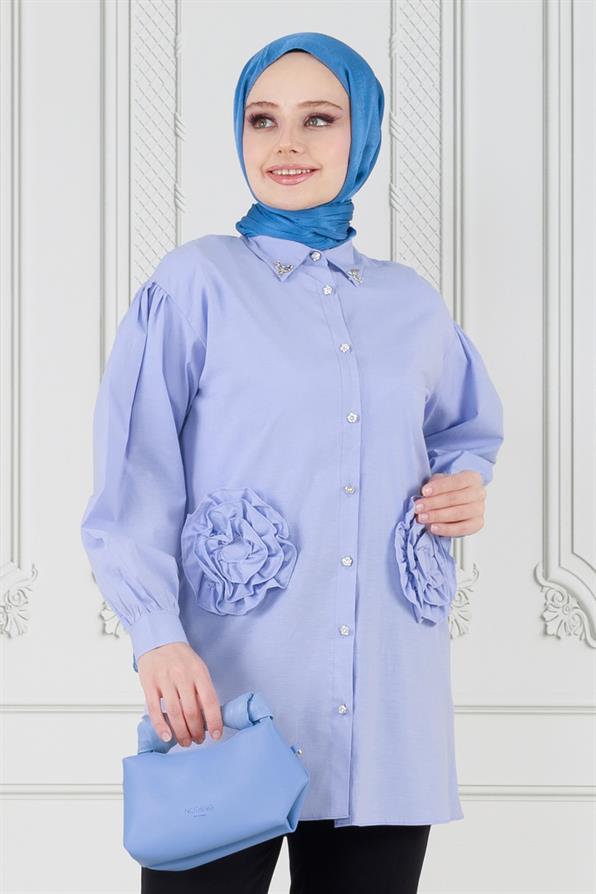 تونيك مزين بوردة أمامية لون أزرق فاتح