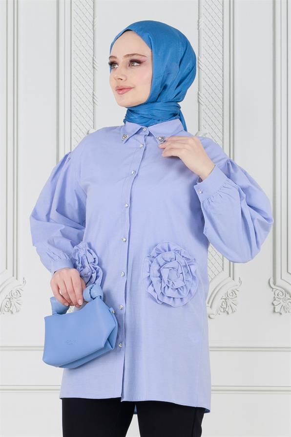 تونيك مزين بوردة أمامية لون أزرق فاتح