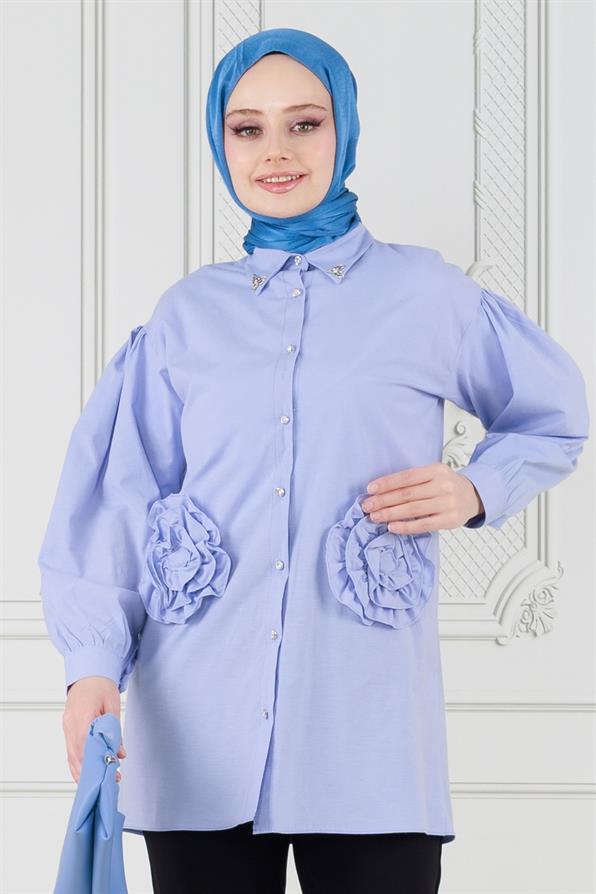 تونيك مزين بوردة أمامية لون أزرق فاتح