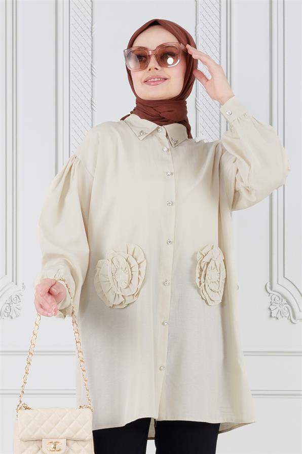 Front Rose Detailed Tunic-Beige