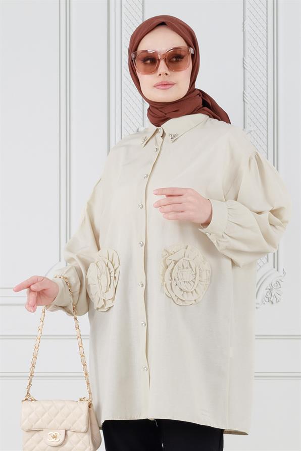 Front Rose Detailed Tunic-Beige