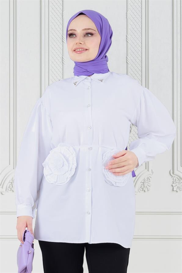 تونيك بوردة على الجهة الأمامية - لون أبيض