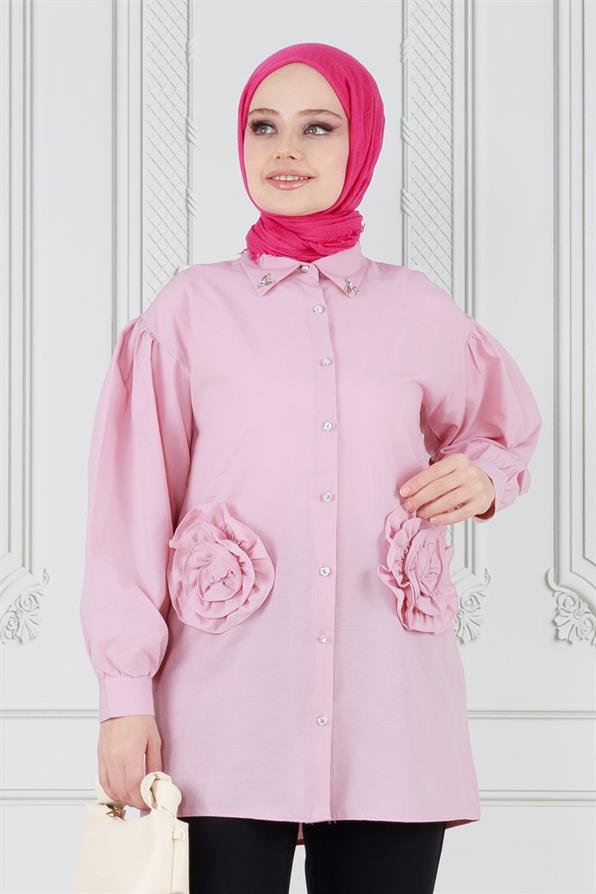 تونيك مزين بوردة أمامية - لون وردي