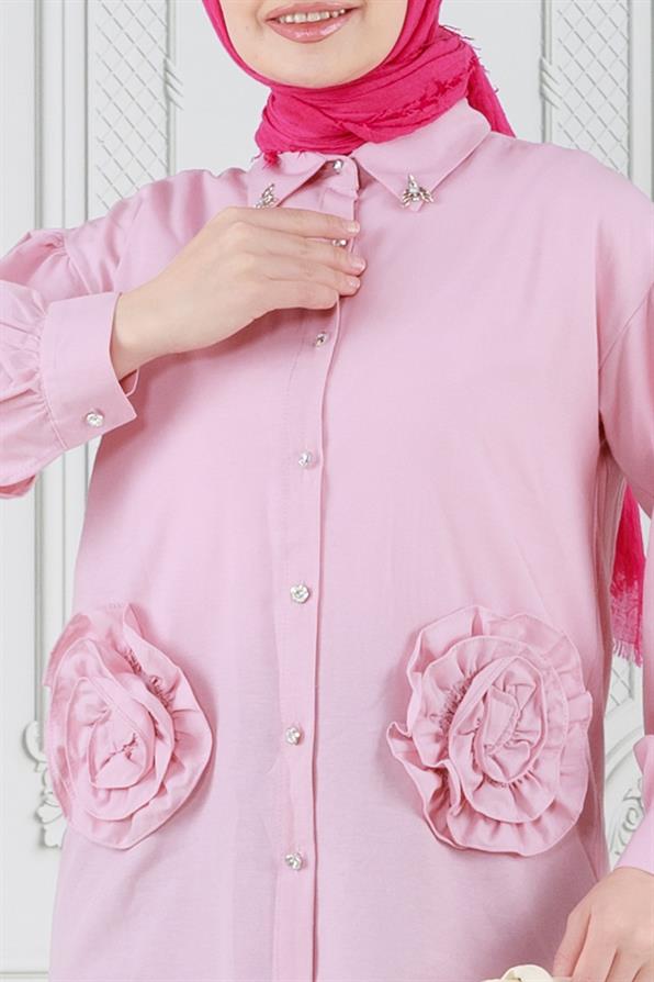 تونيك مزين بوردة أمامية - لون وردي