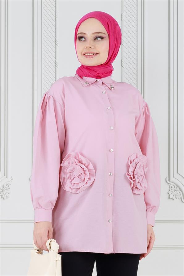 تونيك مزين بوردة أمامية - لون وردي