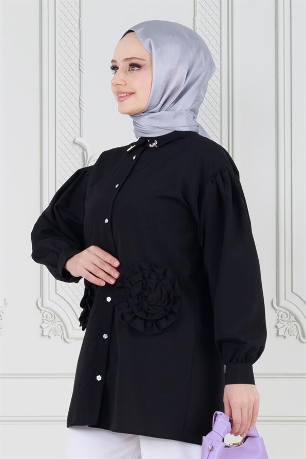 Önü Gül Detaylı Tunik-Siyah