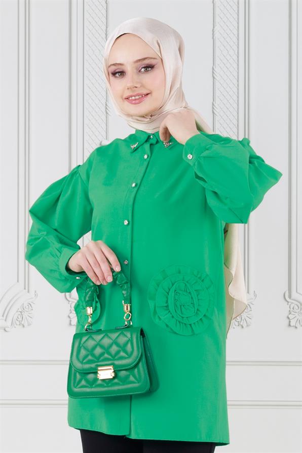 تونيك مزين بوردة أمامية - لون أخضر