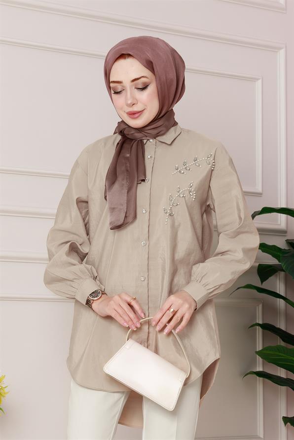 تونيك مع تطريز لؤلؤي على الجهة الأمامية - لون بيج