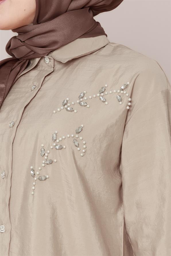 تونيك مع تطريز لؤلؤي على الجهة الأمامية - لون بيج