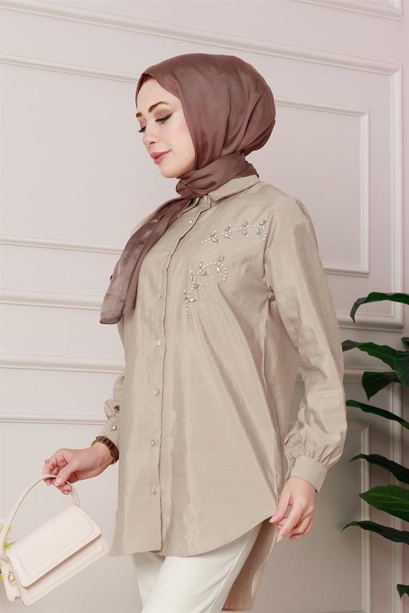 تونيك مع تطريز لؤلؤي على الجهة الأمامية - لون بيج