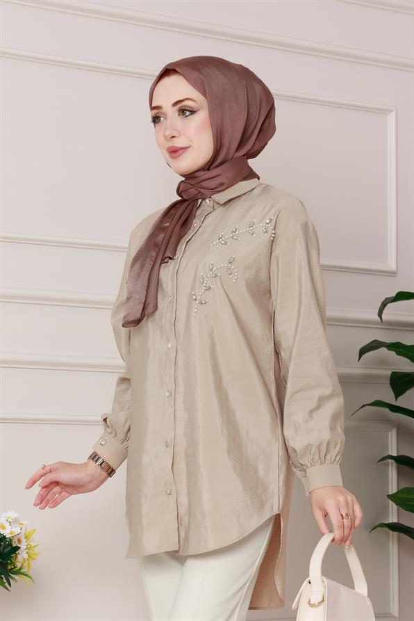 تونيك مع تطريز لؤلؤي على الجهة الأمامية - لون بيج