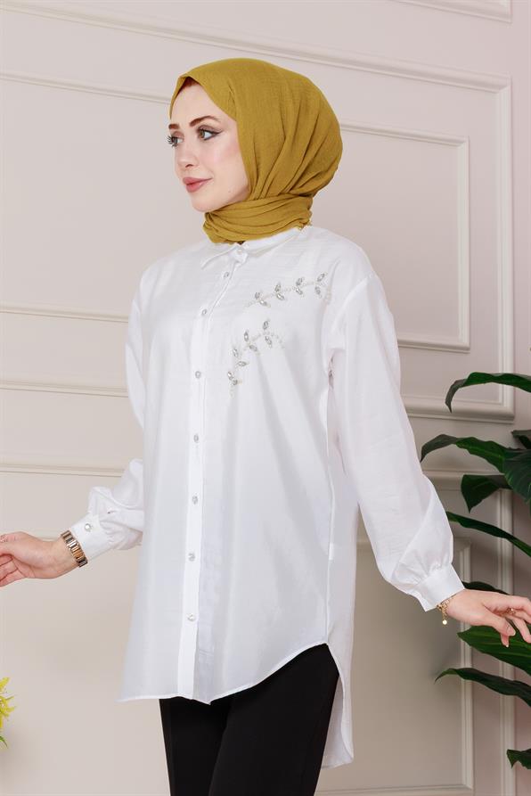 تونيك مع تطريز لؤلؤي على الجهة الأمامية - اللون أبيض