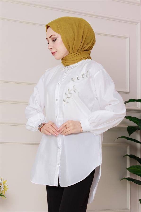 تونيك مع تطريز لؤلؤي على الجهة الأمامية - اللون أبيض