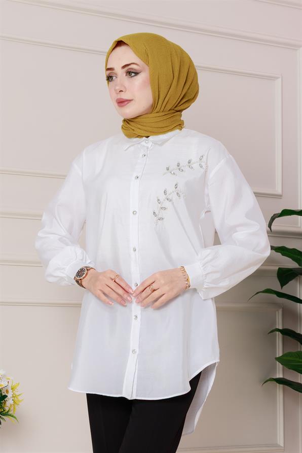 تونيك مع تطريز لؤلؤي على الجهة الأمامية - اللون أبيض