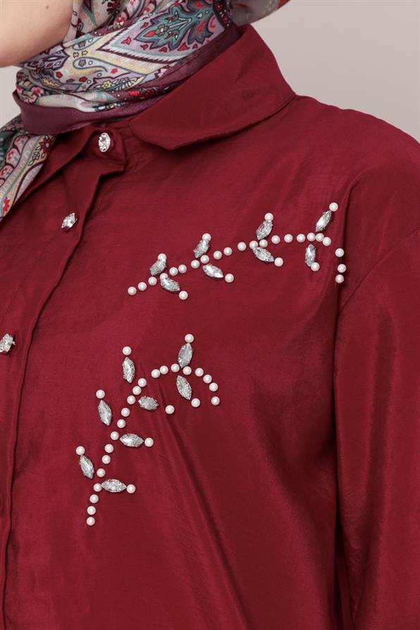 تونيك مطرز بأحجار اللؤلؤ الأمامية - اللون العنابي