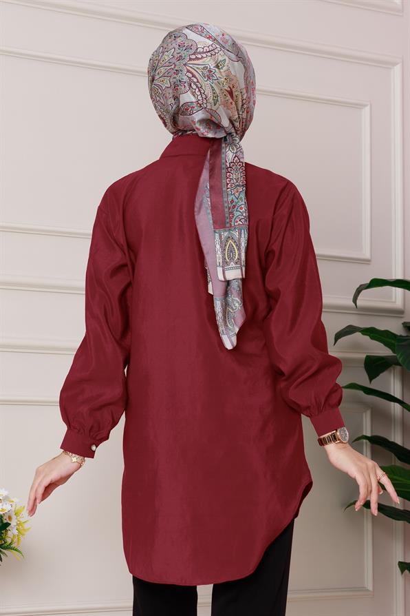 تونيك مطرز بأحجار اللؤلؤ الأمامية - اللون العنابي