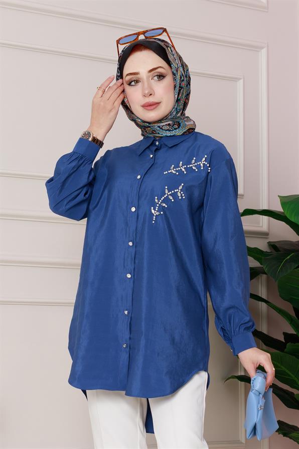 تونيك مع تطريز أحجار اللؤلؤ على الجهة الأمامية - اللون أزرق