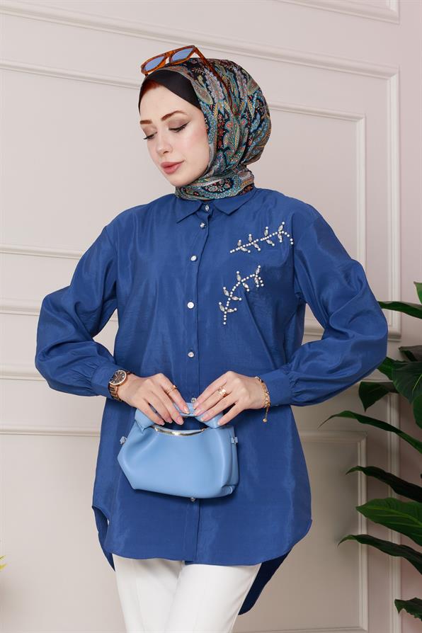 تونيك مع تطريز أحجار اللؤلؤ على الجهة الأمامية - اللون أزرق