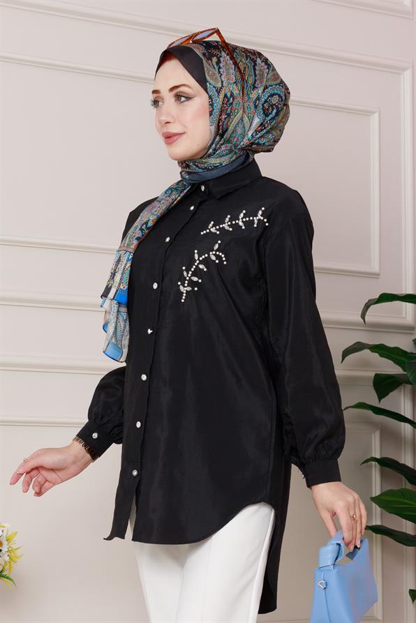 تونيك مطرز بأحجار اللؤلؤ الأمامية - اللون أسود