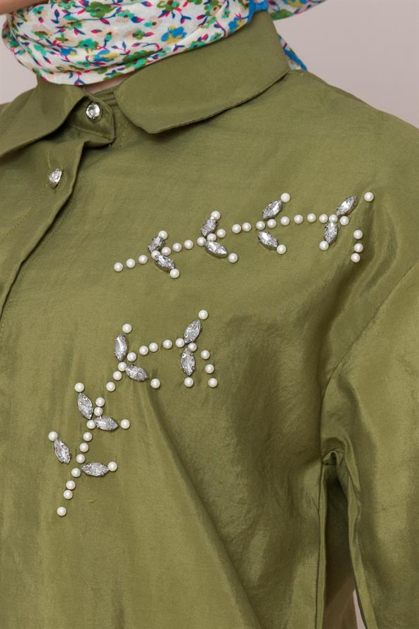 تونيك مطرز بأحجار اللؤلؤ الأمامية - اللون أخضر