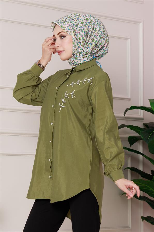 تونيك مطرز بأحجار اللؤلؤ الأمامية - اللون أخضر