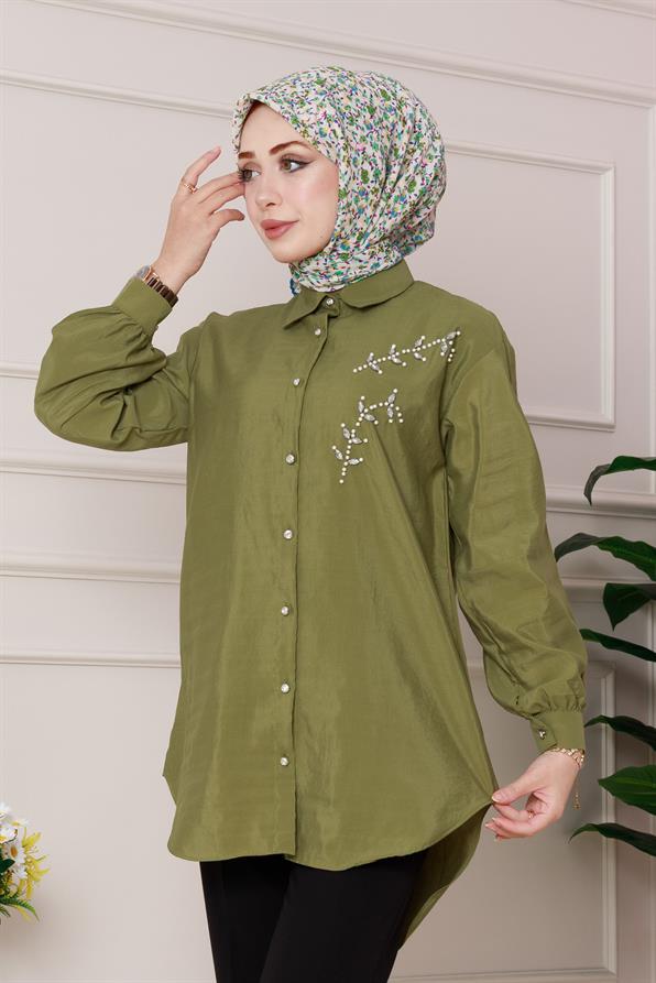 تونيك مطرز بأحجار اللؤلؤ الأمامية - اللون أخضر