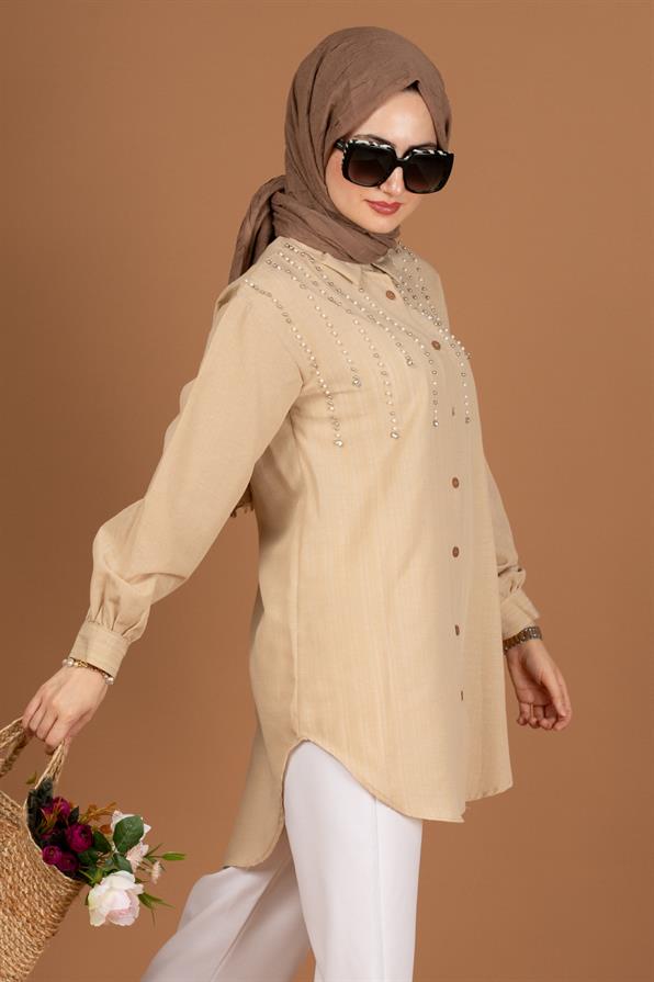 تونيك مع لؤلؤ من الأمام-اللون البيج