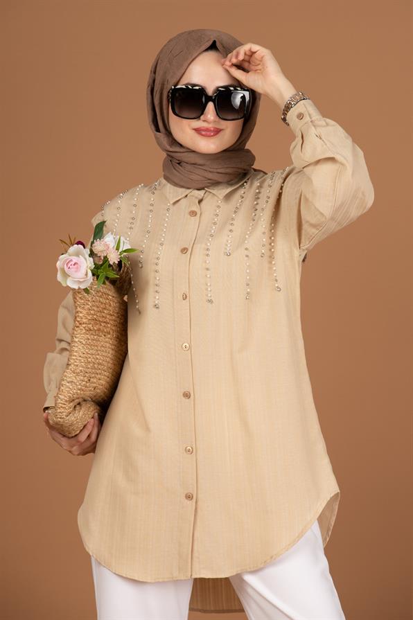 تونيك مع لؤلؤ من الأمام-اللون البيج