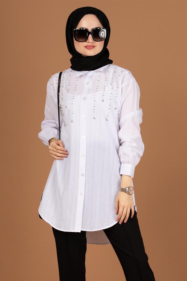 تونيك مع لؤلؤ في الأمام-اللون الأبيض