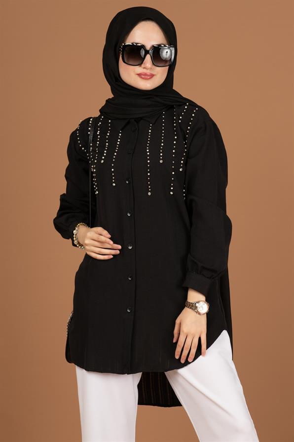 تونيك مع لؤلؤمن الأمام-اللون الأسود