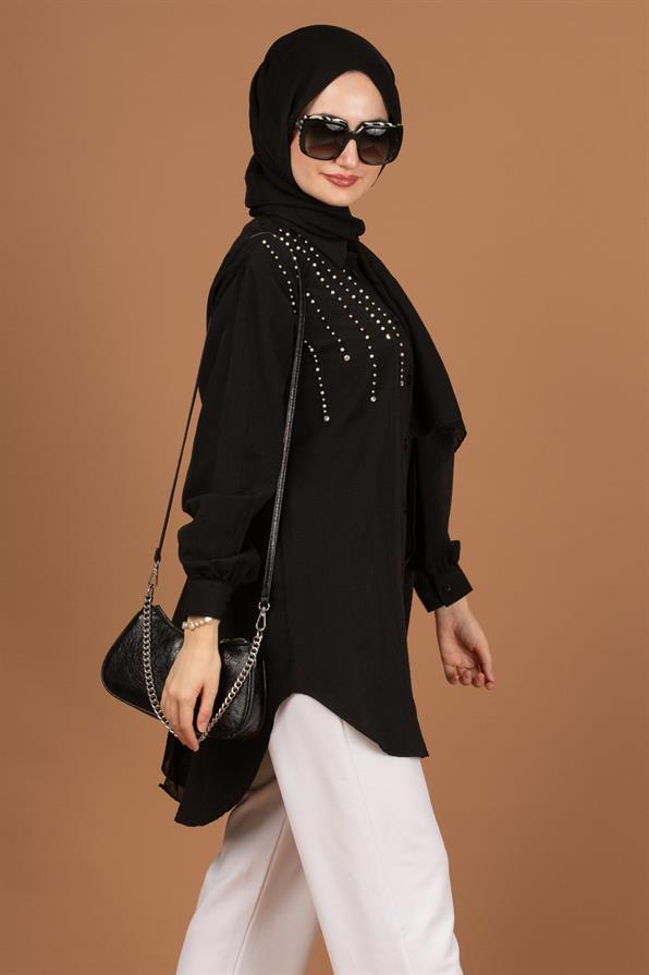 تونيك مع لؤلؤمن الأمام-اللون الأسود