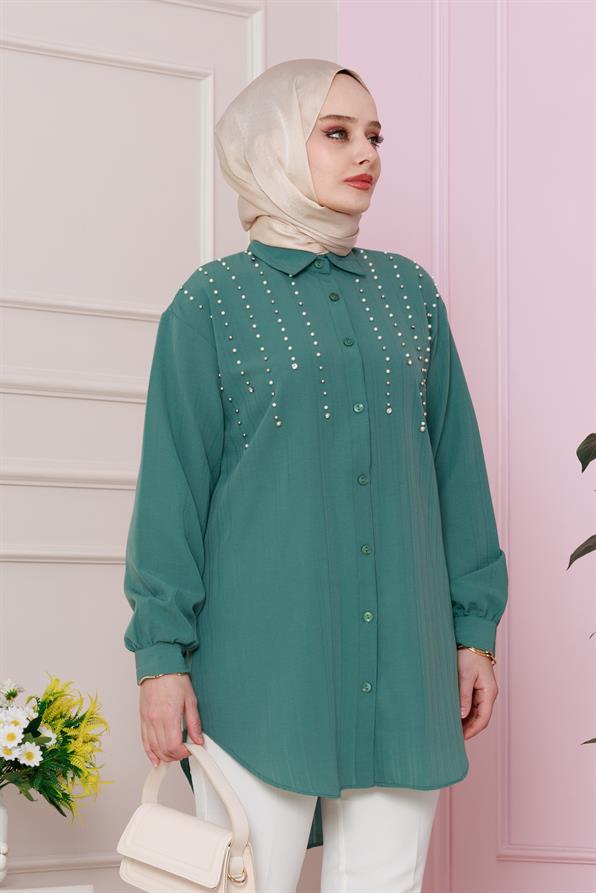 önü incili Tunik-Yeşil