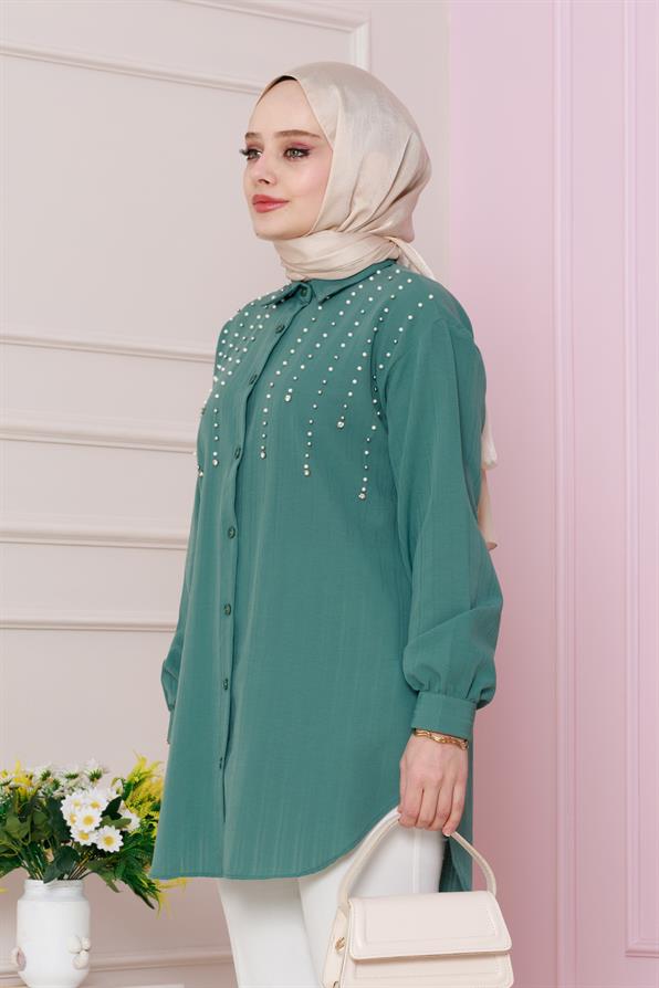 önü incili Tunik-Yeşil